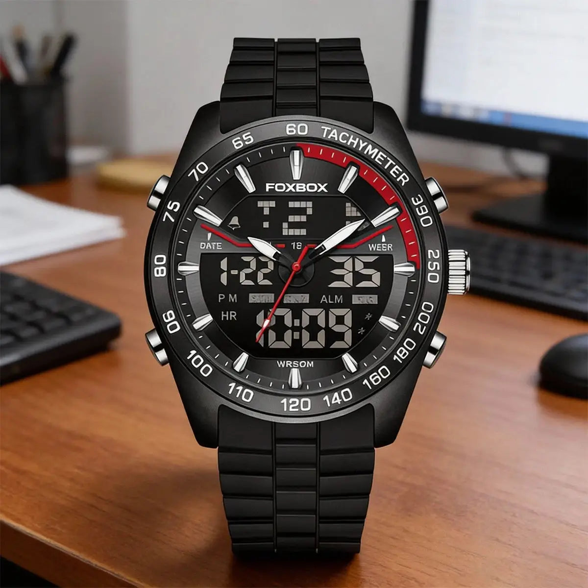 FOXBOX luxury men's digital watch with black stainless steel bracelet and tachymeter bezel