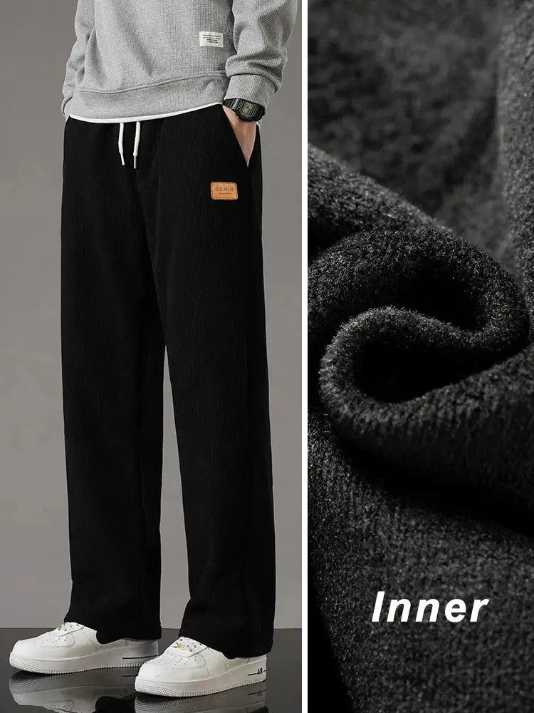 Simples Market men's black corduroy fleece-lined sweatpants with drawstring, straight loose fit