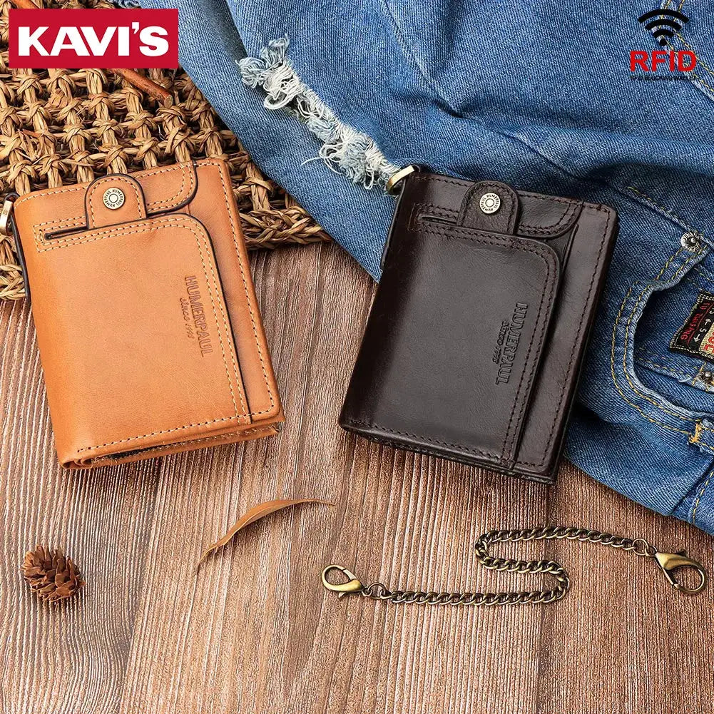 KAVIS real leather RFID wallets for men; two-tone tan and black bifold styles with zip coin pocket and anti-theft chain.