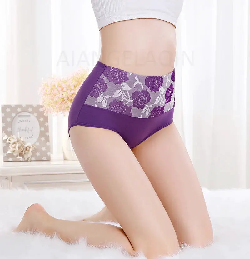 Purple high-waist cotton panties with a floral lace panel
