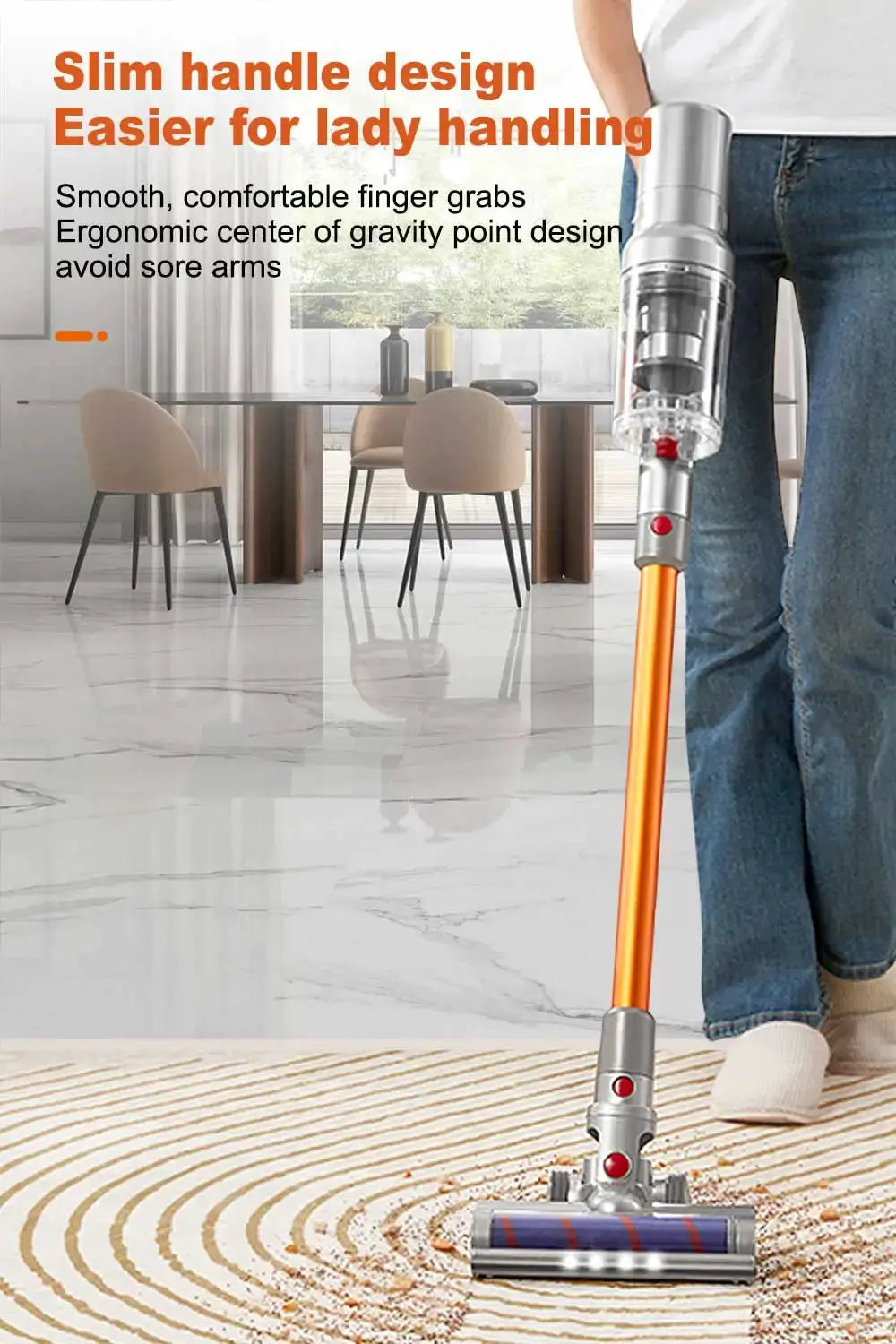ABIR VC205 cordless handheld vacuum cleaner with orange wand and transparent dust canister.