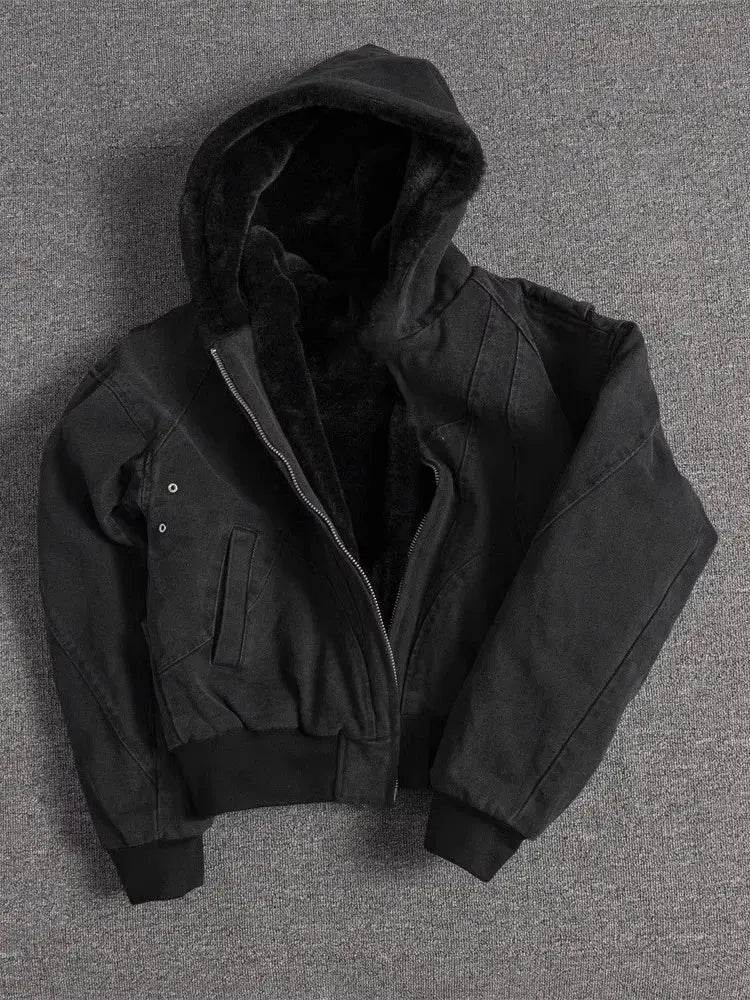Mauroicardi padded black canvas jacket with faux fur lining, oversized casual hoodie by Simples Market