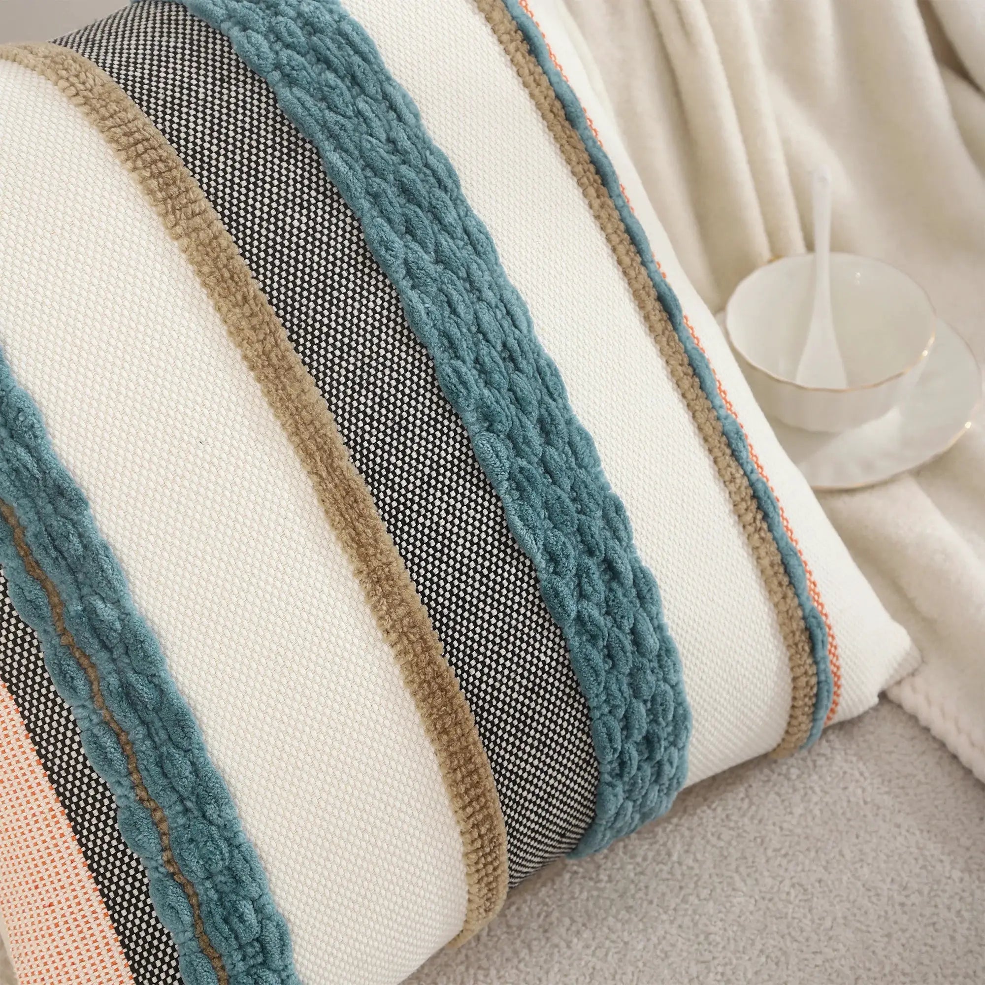 Throw pillow cover 18x18 Boho striped decor on cream fabric with teal chenille stripe and tan edging, cushion accent
