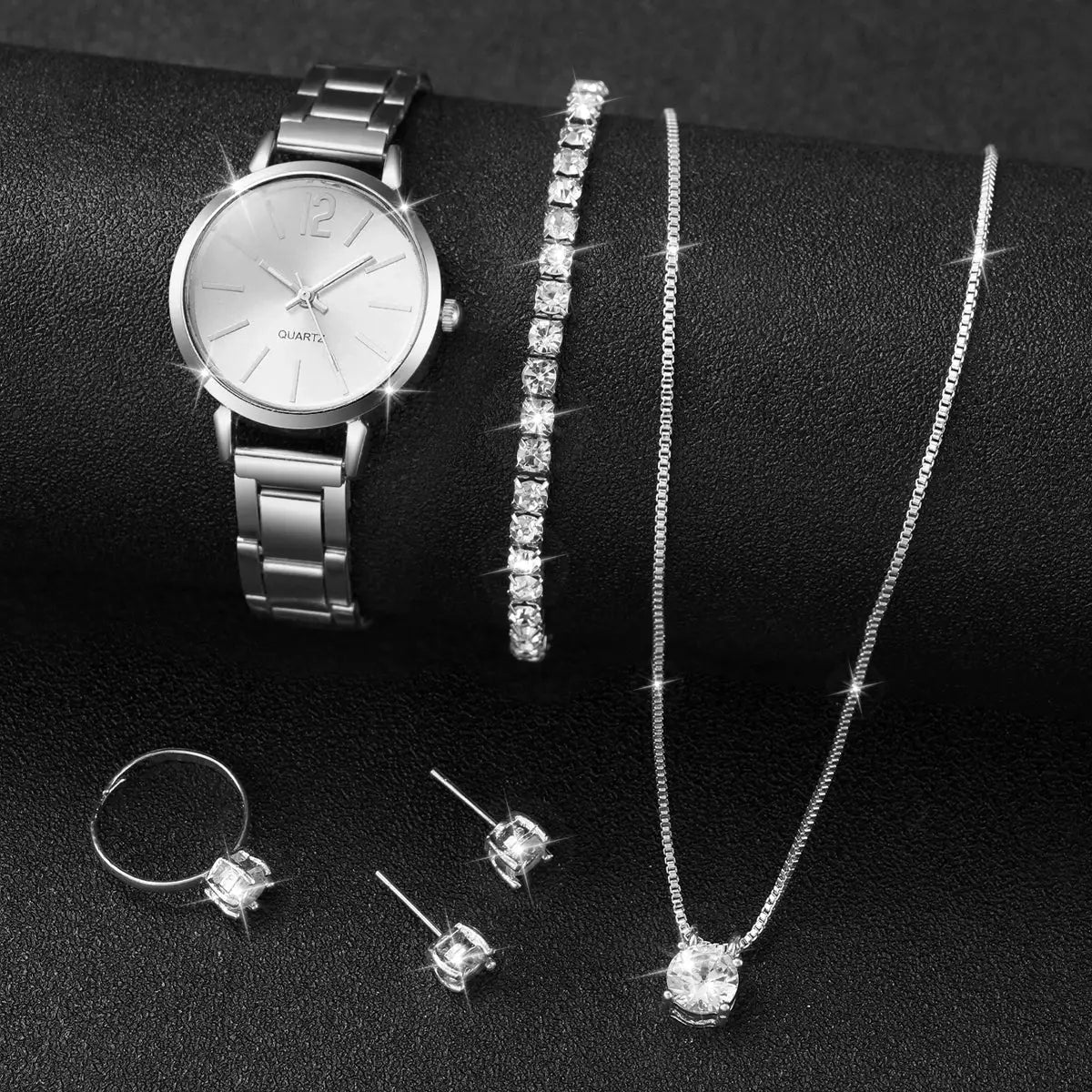 6-piece fashion women's quartz watch set with a stainless steel band and diamond jewelry.