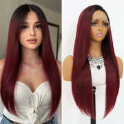 Ombre Burgundy Lace Front Wigs Long Straight 24 Inch 13x4 Synthetic Wine Red For Women