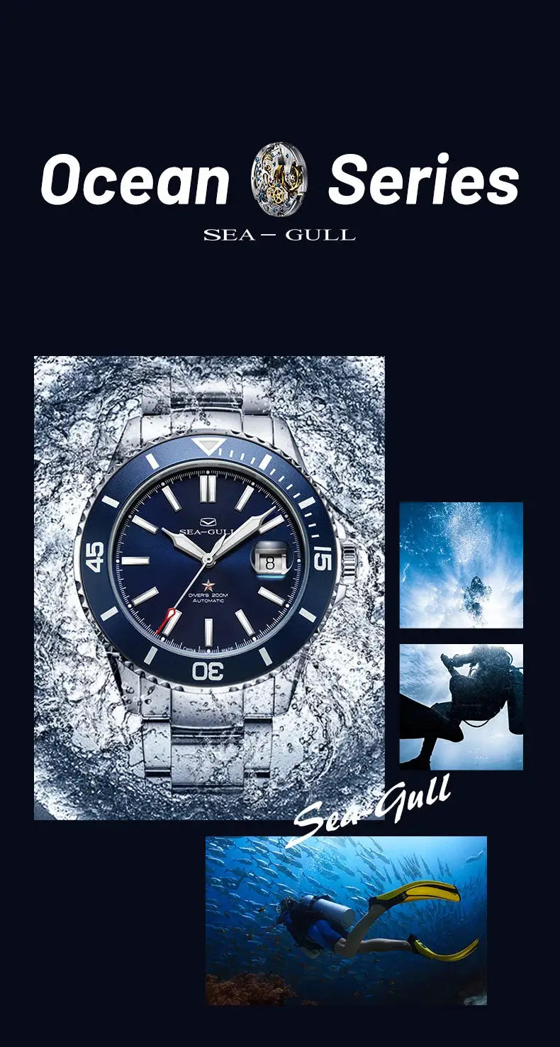 Sea-Gull Ocean Series men's diver watch, blue dial, date at 3, stainless steel case and bracelet, 200m water resistant