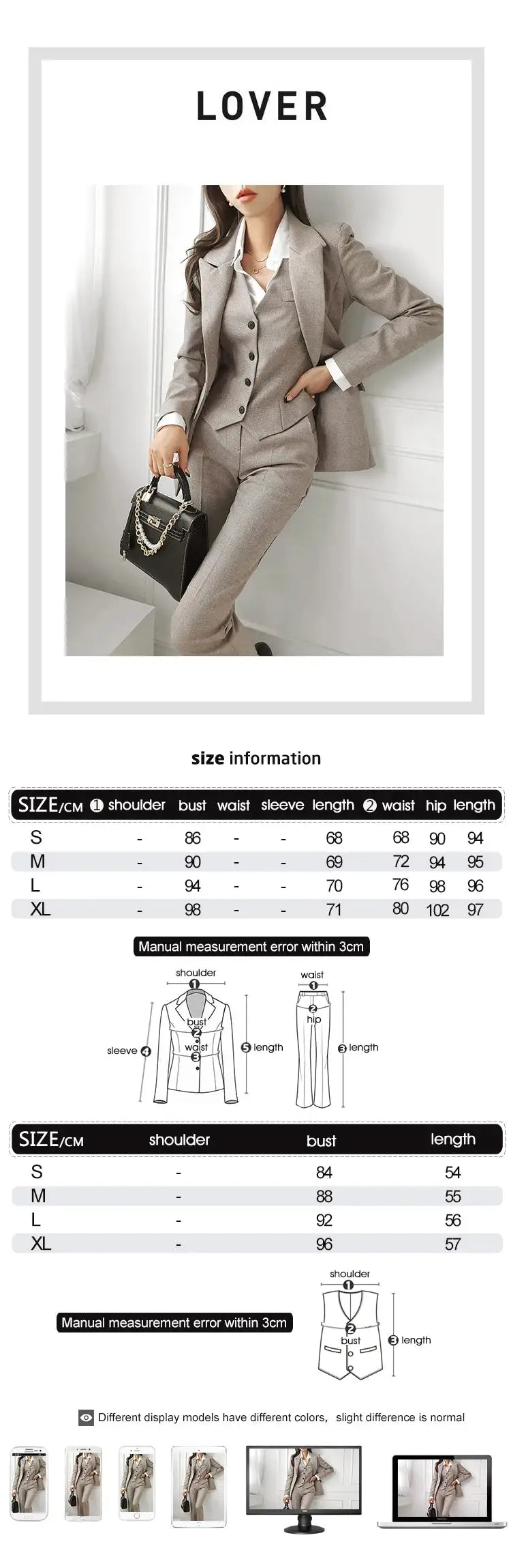 3-piece beige women's suit set with blazer, vest and pants; white shirt and black handbag