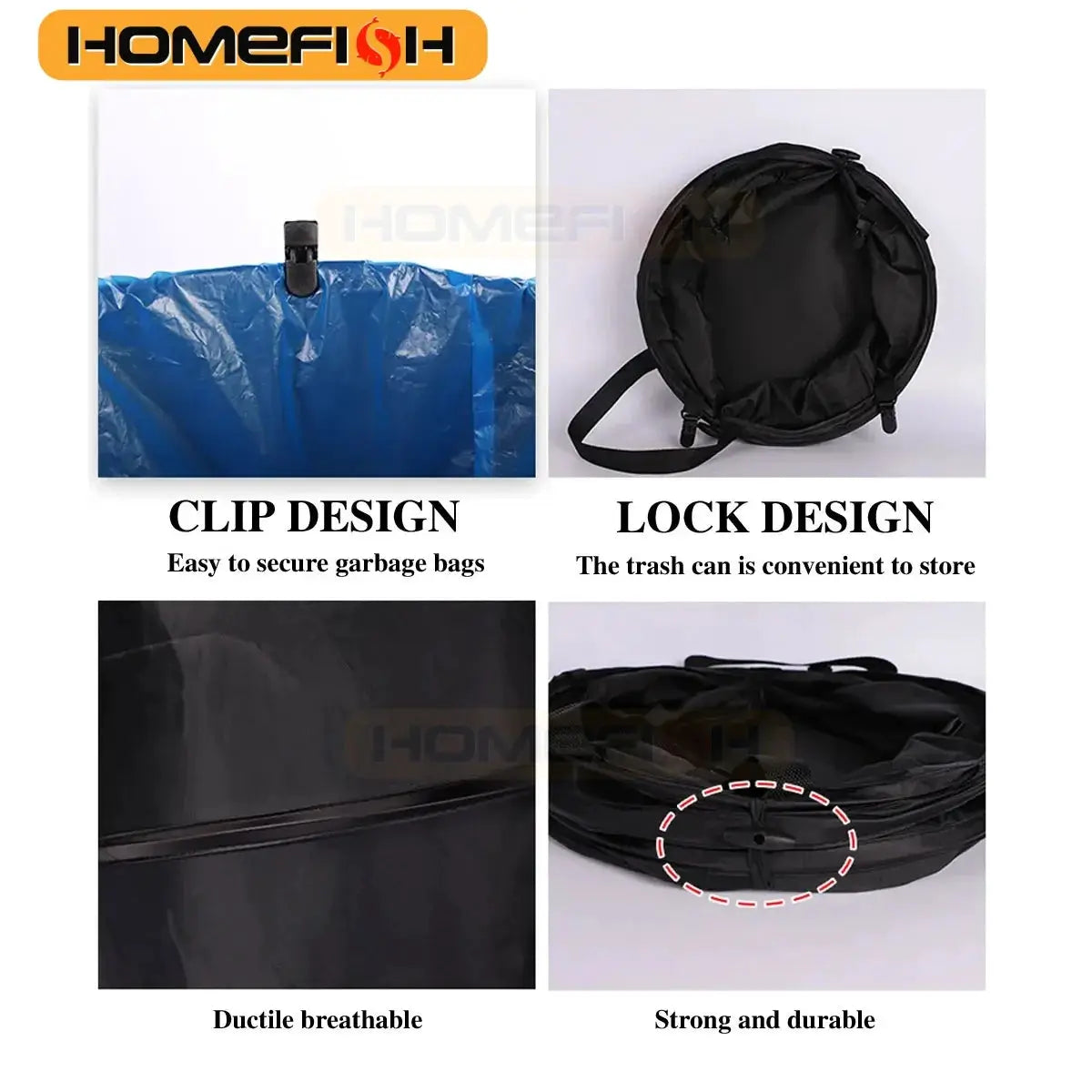 Pop-up outdoor trash can with clip and lock design; black round carry bag with blue inner liner.