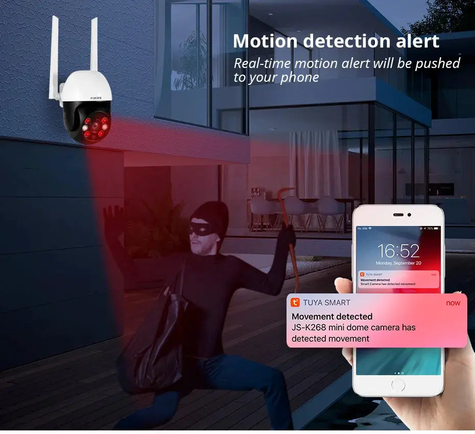 Fuers white outdoor 8MP 4K IP camera with dual antennas, motion-detection alert shown on smartphone