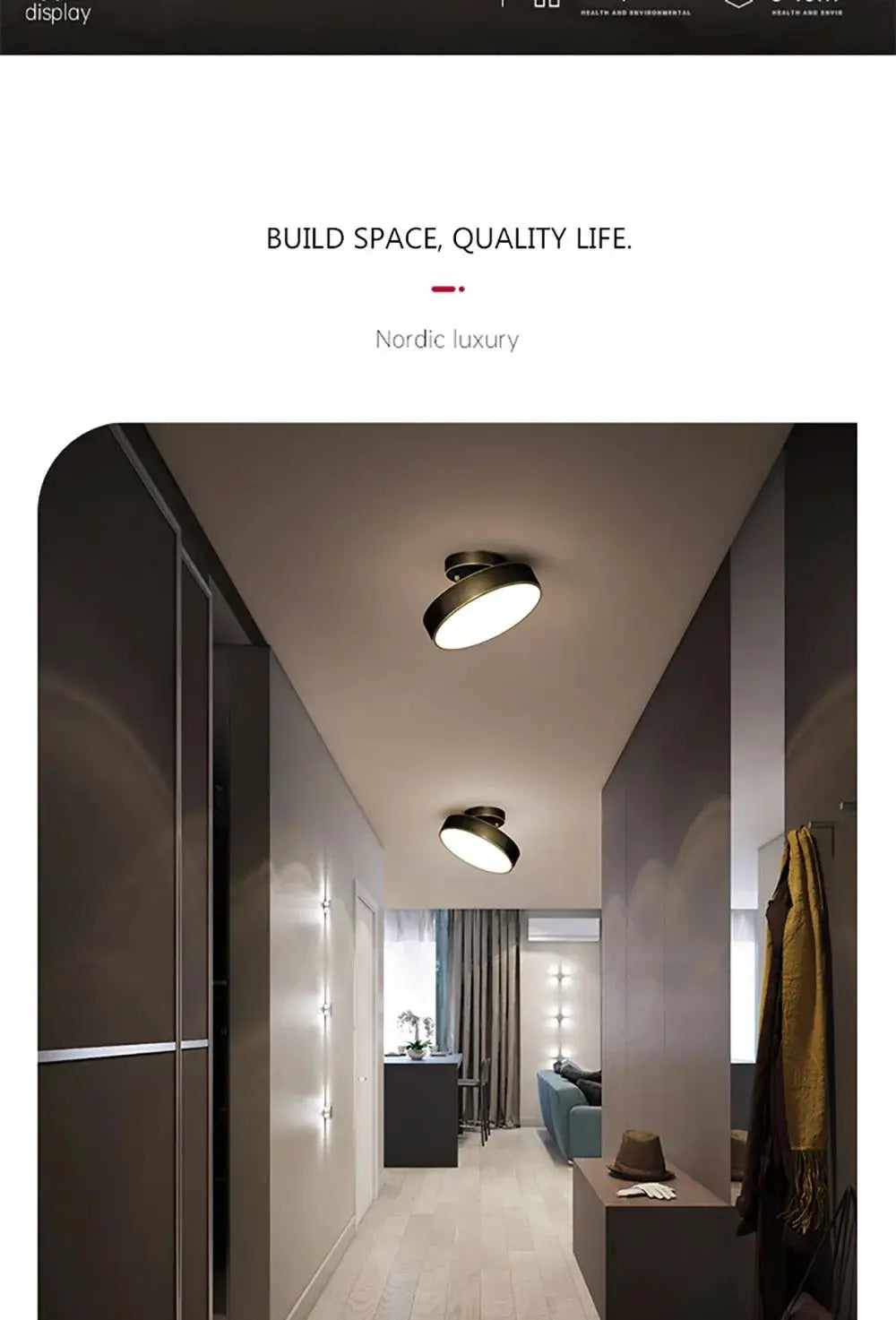 Modern LED ceiling lights, round copper fixtures, two ceiling lamps in hallway.