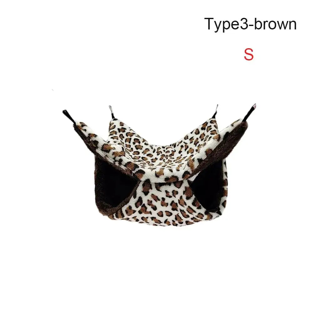 Hamster hammock, warm plush leopard print double-layer nest for small pets.