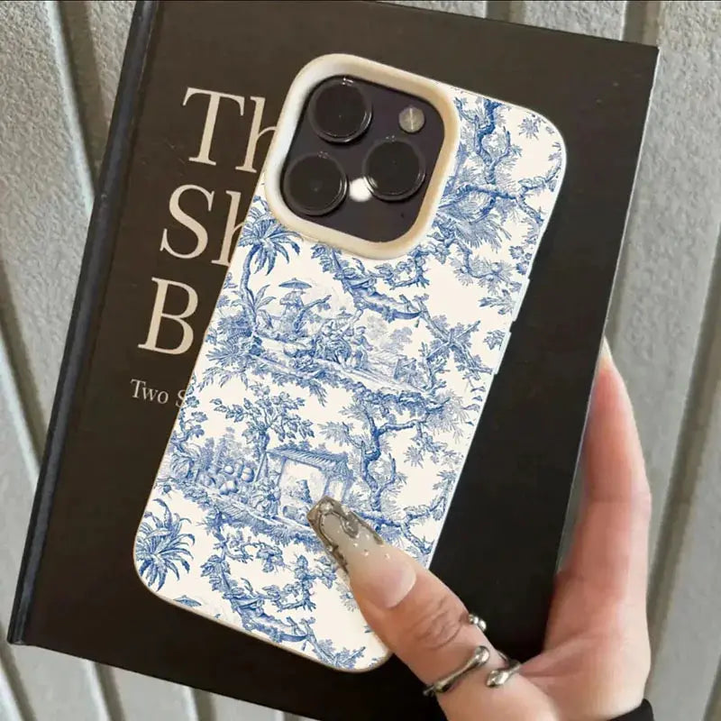 Phone case for iPhone with blue toile pattern, shockproof soft cover