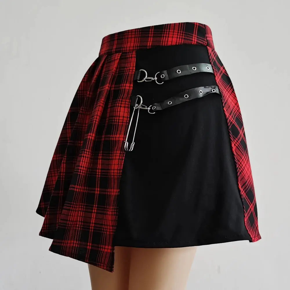 Gothic plaid mini skirt with red-black overlay, high waist and silver buckle straps.