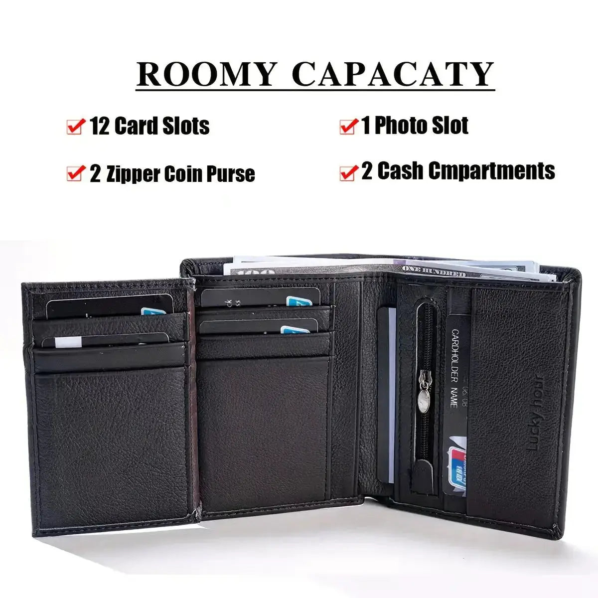 Simples Market leather men's wallet in black; minimalist, multi-card with 12 slots and coin/cash compartments
