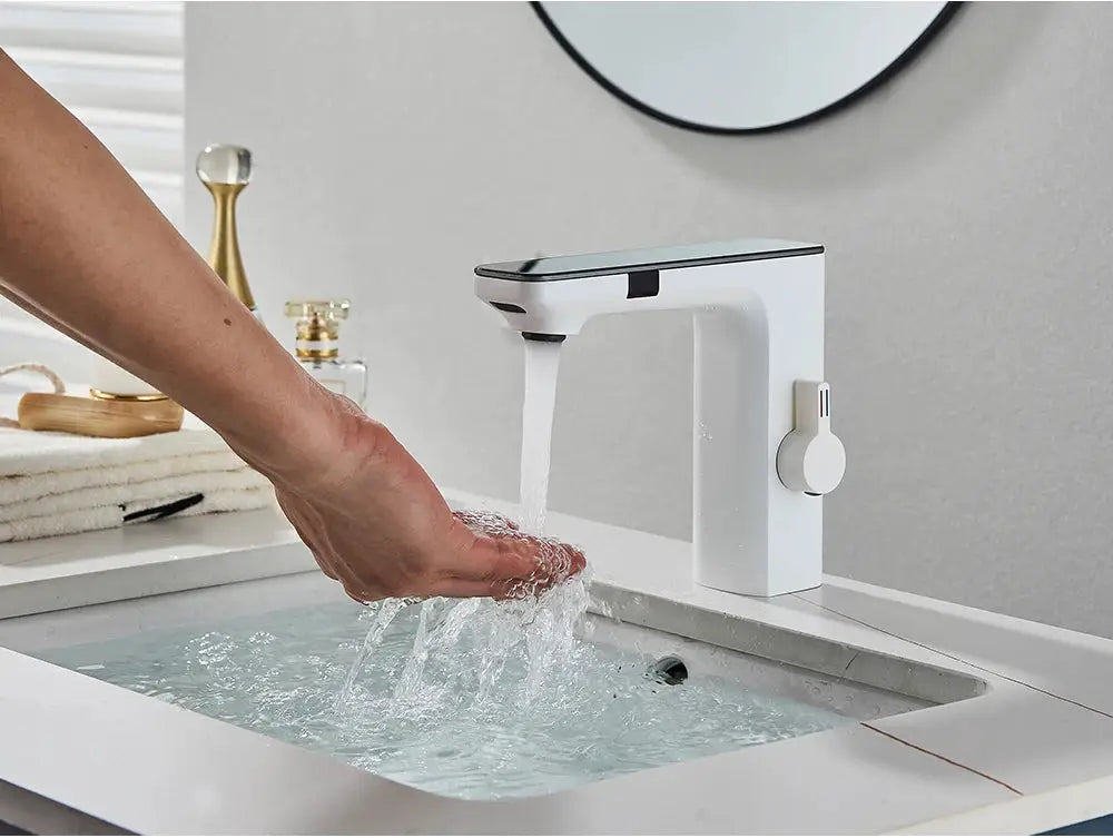 White smart sensor basin faucet by Simples Market, touchless with digital display for hot and cold water
