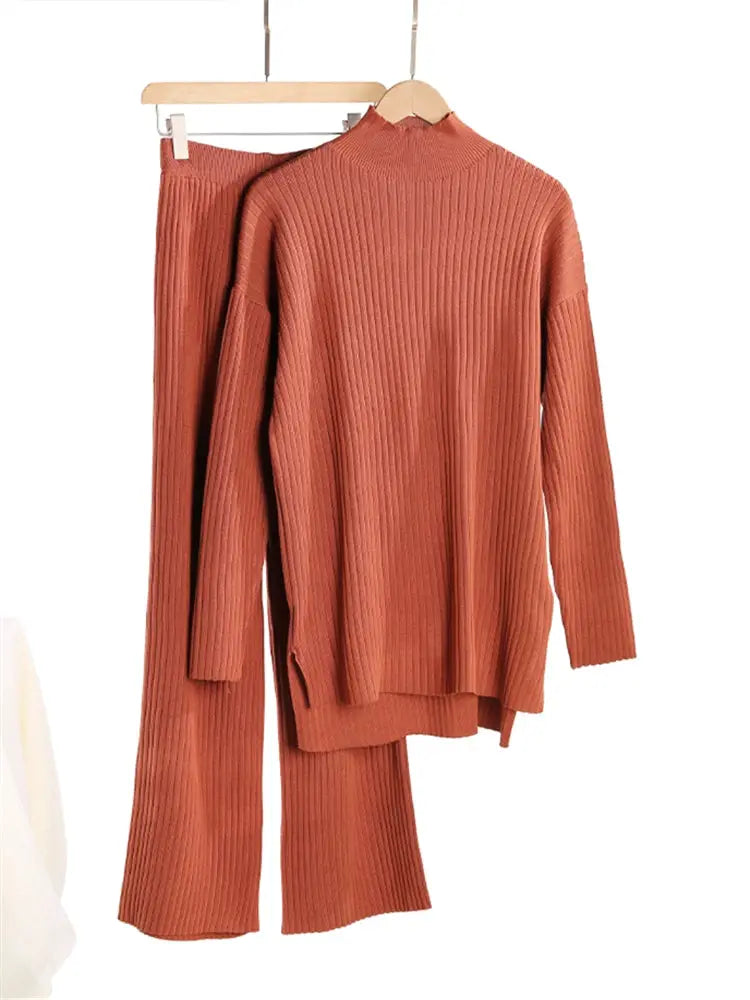 CozyNest Autumn Winter Two Piece Knitted Tracksuit Set With Turtleneck Sweater And Wide Leg Joggers For Women