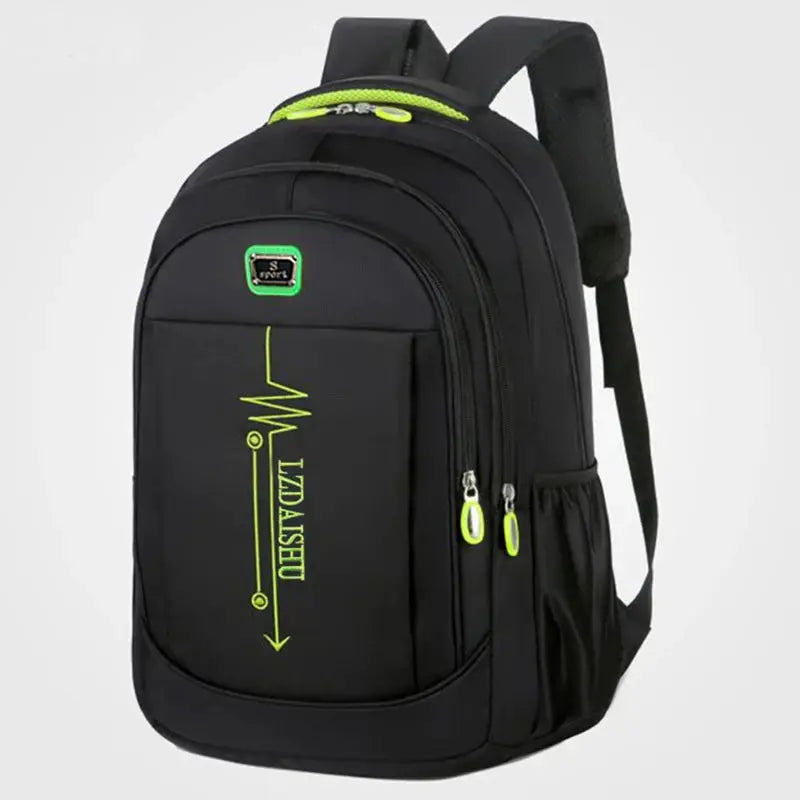 Simples Market black men's business backpack with neon lime zipper accents; large-capacity laptop travel bag