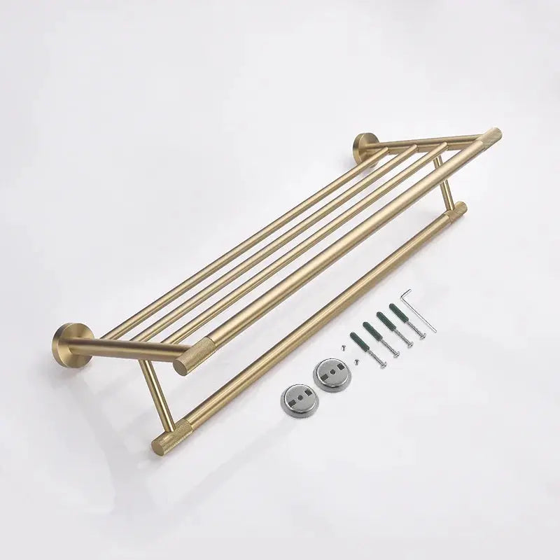 Towel rack hardware set by Simples Market in brushed gold brass with mounting hardware