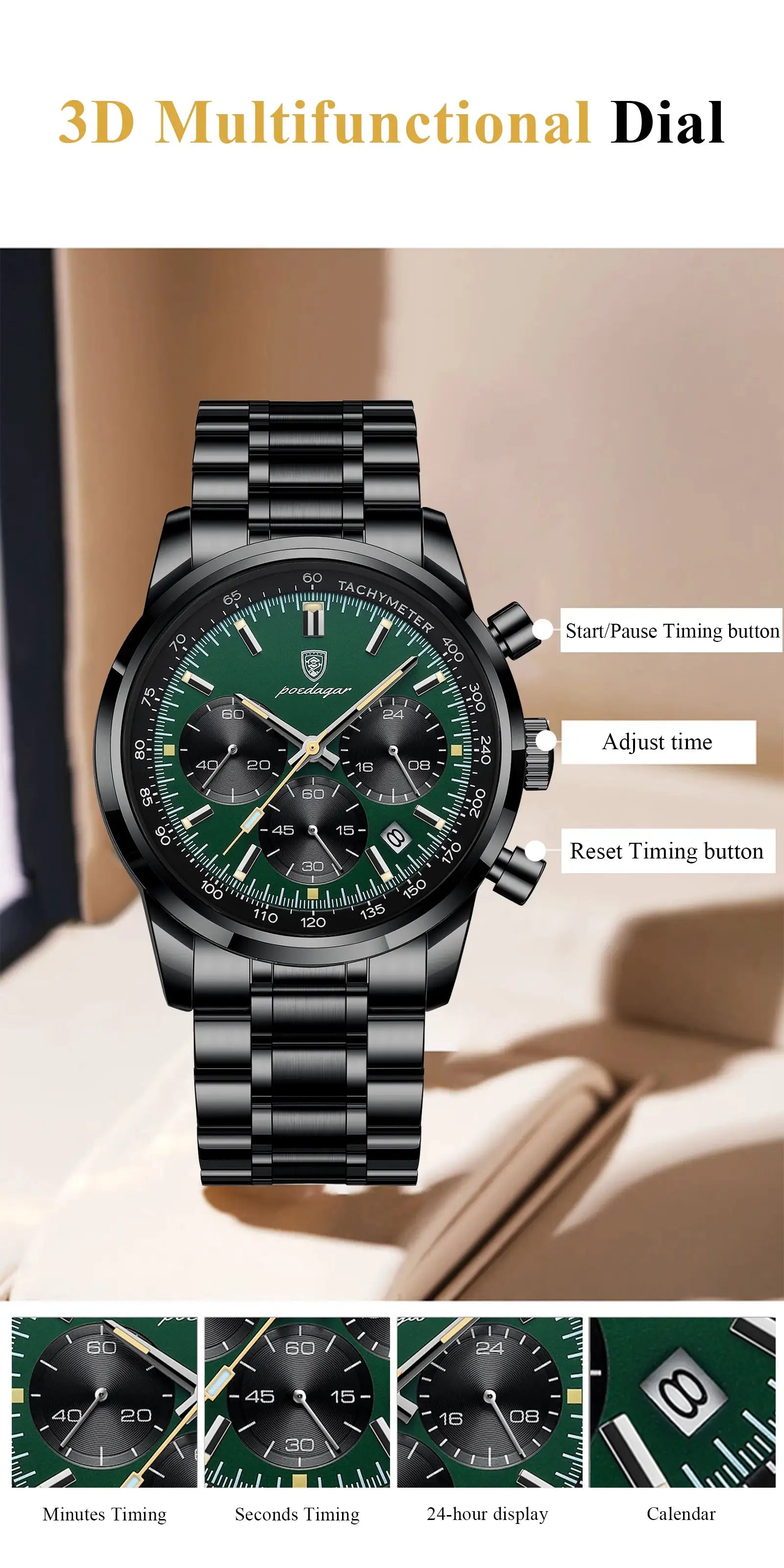 POEDAGAR men's luxury chronograph watch with green dial, luminous hands, stainless steel