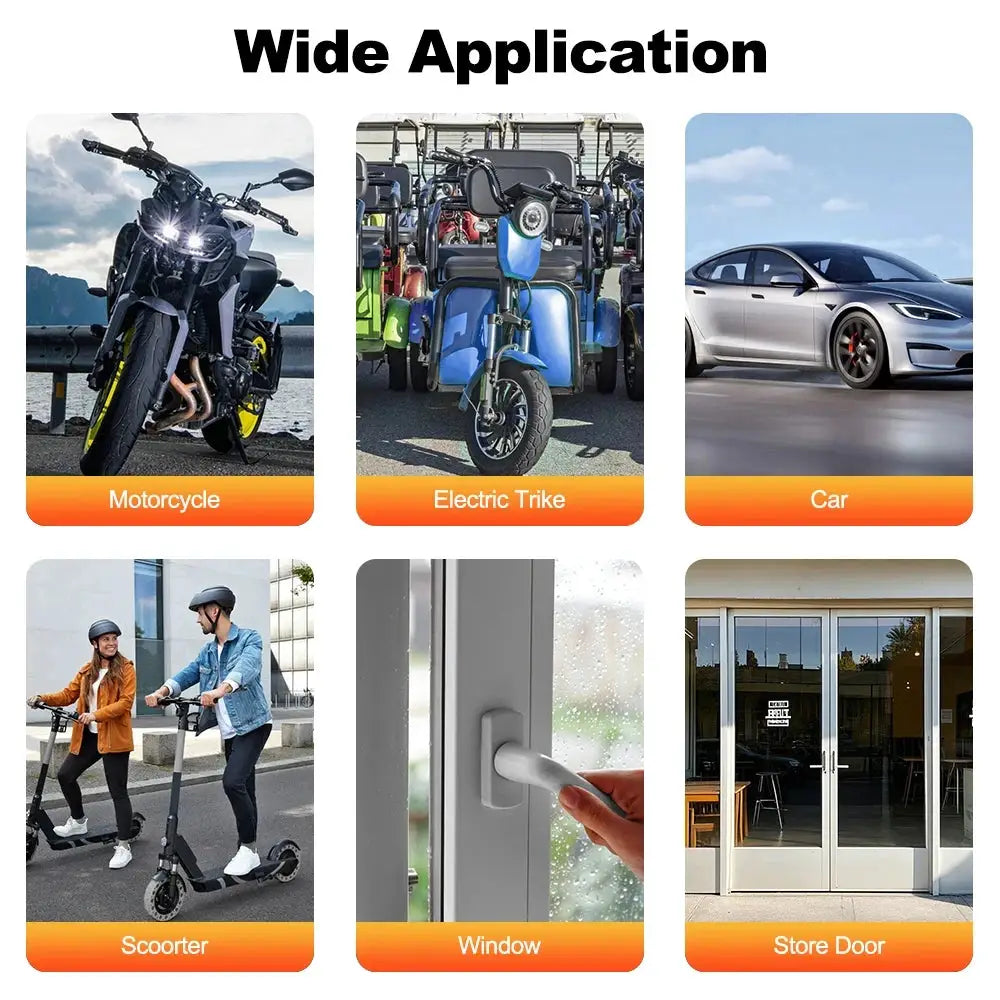 Awapow wireless vibration alarm; six use cases show motorcycle, electric trike, car, scooter, window and store door security