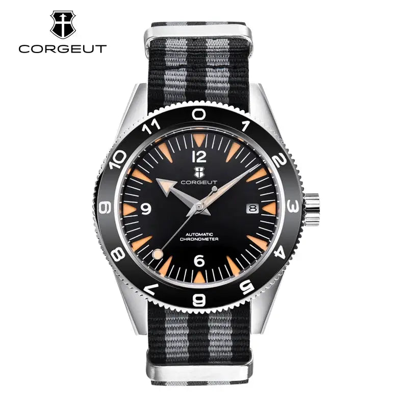 Corgeut 41mm automatic watch with black dial and striped nylon strap.