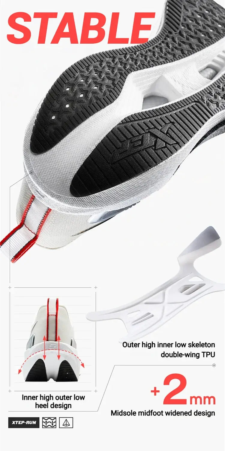 Xtep 2000km 5.0 men's running shoes with white upper, black outsole, cushioned midsole, red pull tab