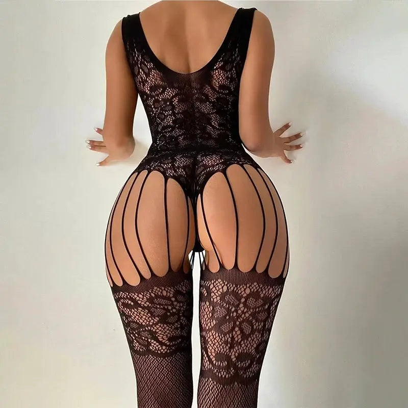LuxeLace Crotchless Mesh Bodysuit With Sheer Long Sleeve High Waist And Lace Details