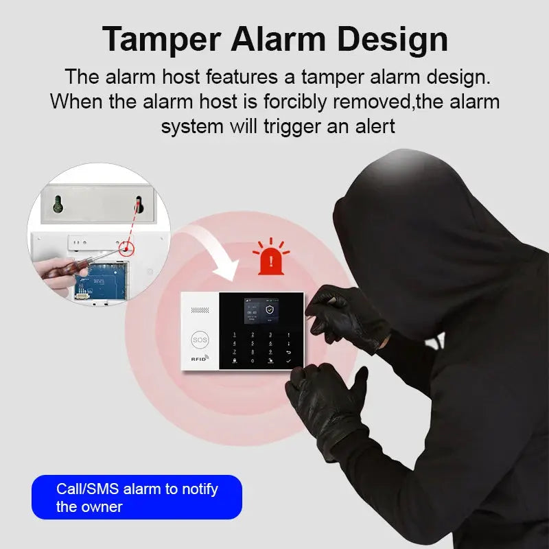 PGST WiFi 2G GSM home alarm system kit with white touchscreen keypad and RFID module