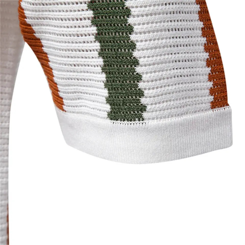 Men's ribbed knit polo shirt sleeve in white with green and orange stripes