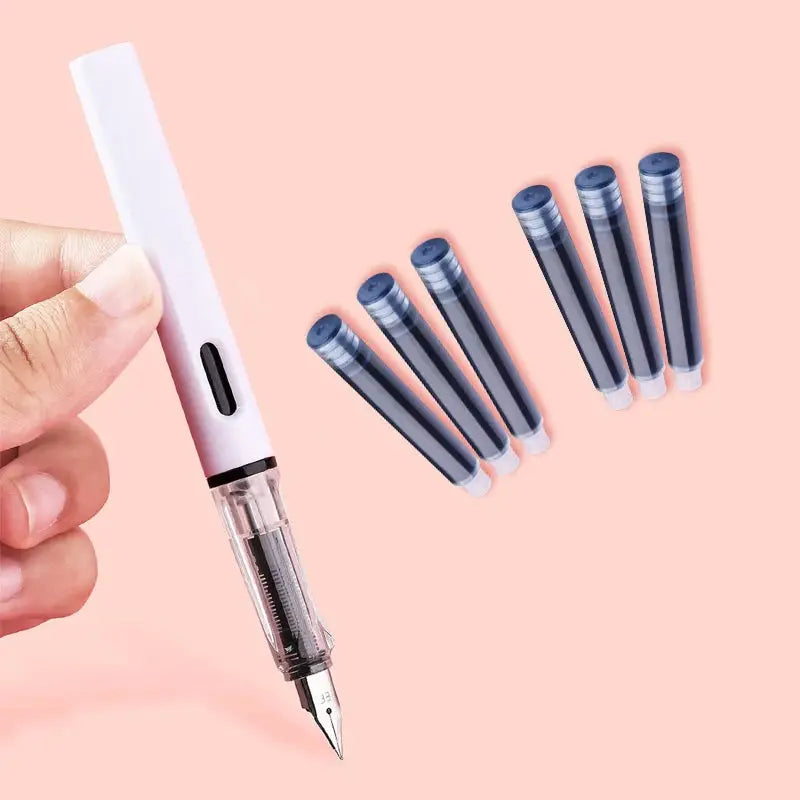 Simples Market fountain pen set with white body and 50pcs blue-black ink cartridges for calligraphy practice.