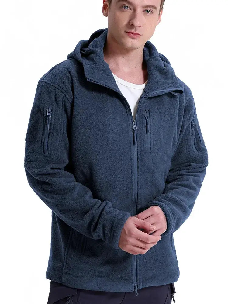 Men's navy fleece jacket with hood, full-zip front and multiple zip pockets.