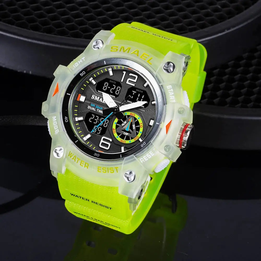 SMAEL sport wristwatch with neon green strap and transparent case, analog-digital display, water resistant