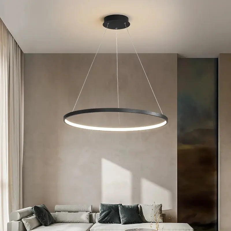 Simples Market modern round LED pendant light in black ring with white LED glow for living room decor