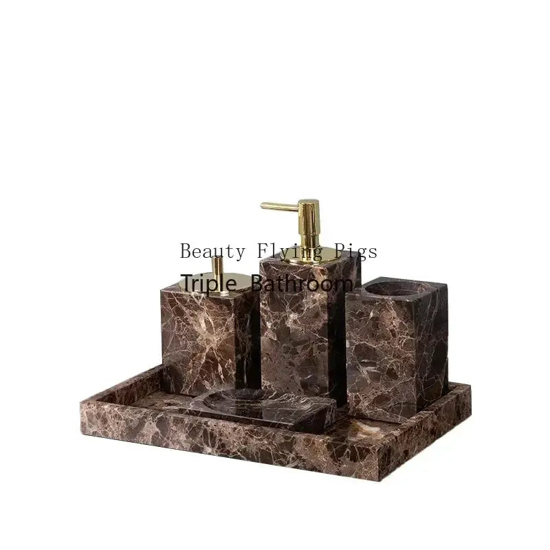 Emperador Dark marble three-piece bathroom set with toothbrush holder, soap dish, and soap dispenser by Simples Market