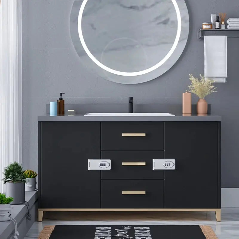 Simples Market mechanical password locks on black bathroom vanity cabinet doors; silver metal keypad slide latches.