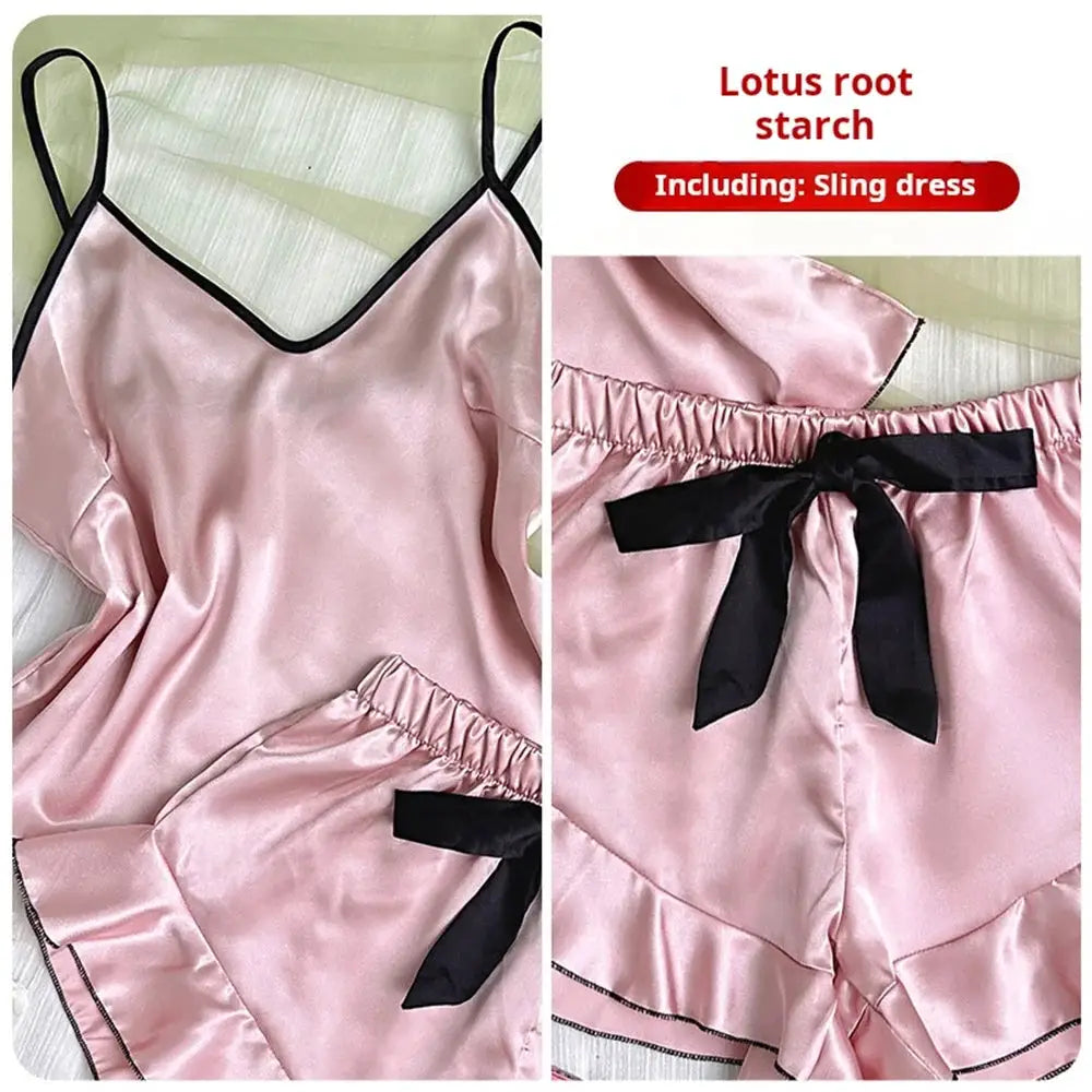 LuxeLuna Satin Pajama Set With Breathable V Neck Top Ruffled Edges And Bow Shorts