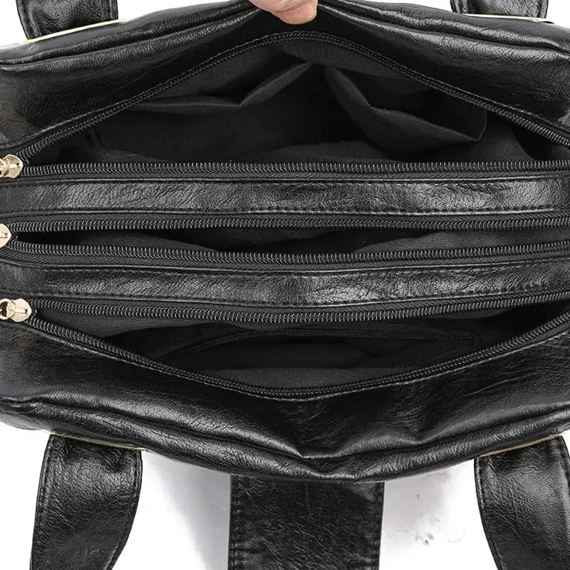 Simples Market women multi-layer top-handle leather bag, black handbag with multiple zip compartments