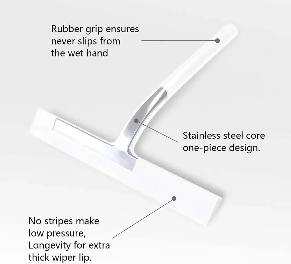 Shower squeegee for glass doors with silicone holder and stainless steel core