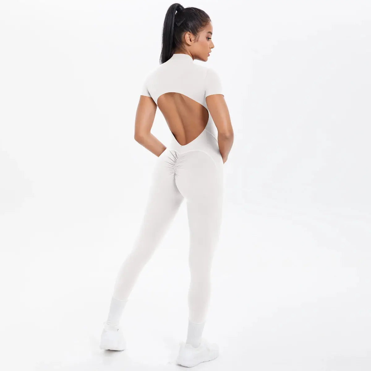 White backless short-sleeve fitness jumpsuit for women, scrunch one-piece bodysuit for gym and yoga
