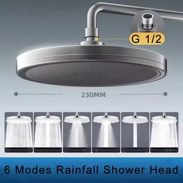 Panel showerhead, 230mm diameter, chrome finish with 6 spray modes and high‑pressure rainfall