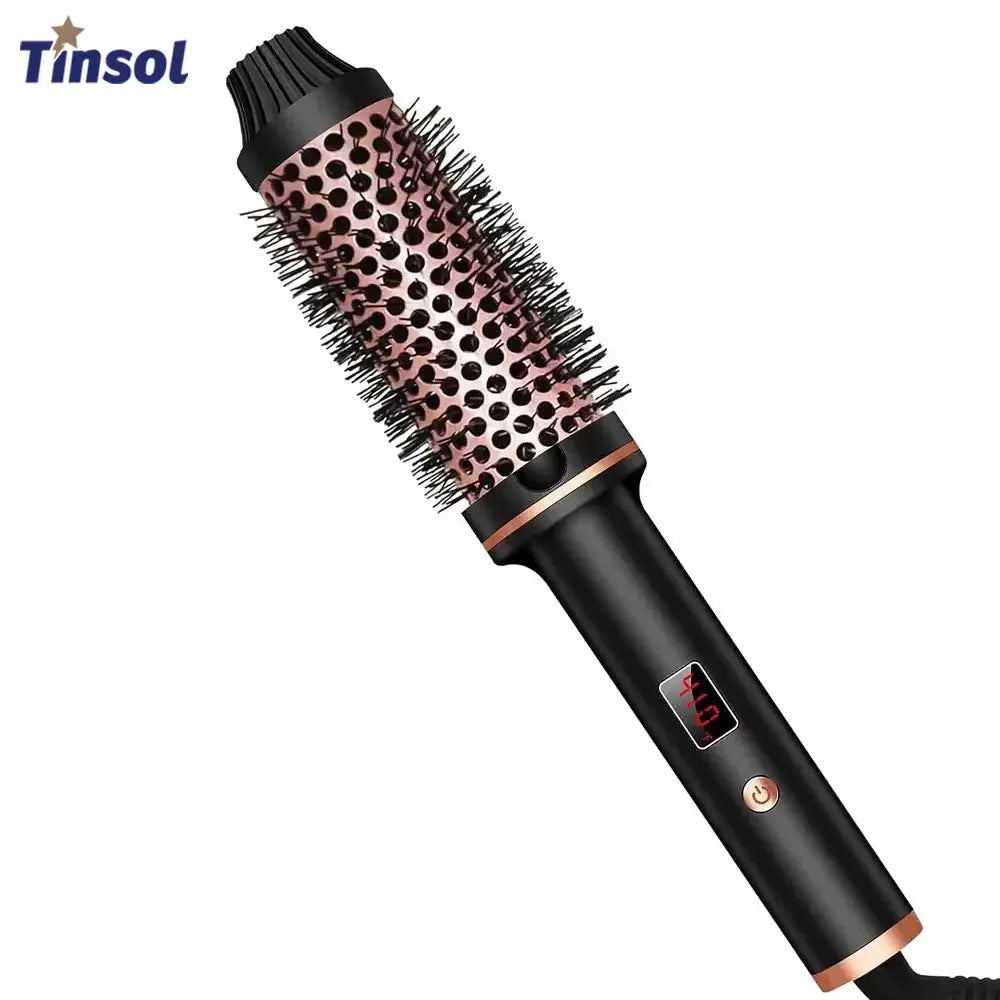 3-in-1 ionic hair curler and straightener by Tinsol, black with rose-gold barrel and digital display