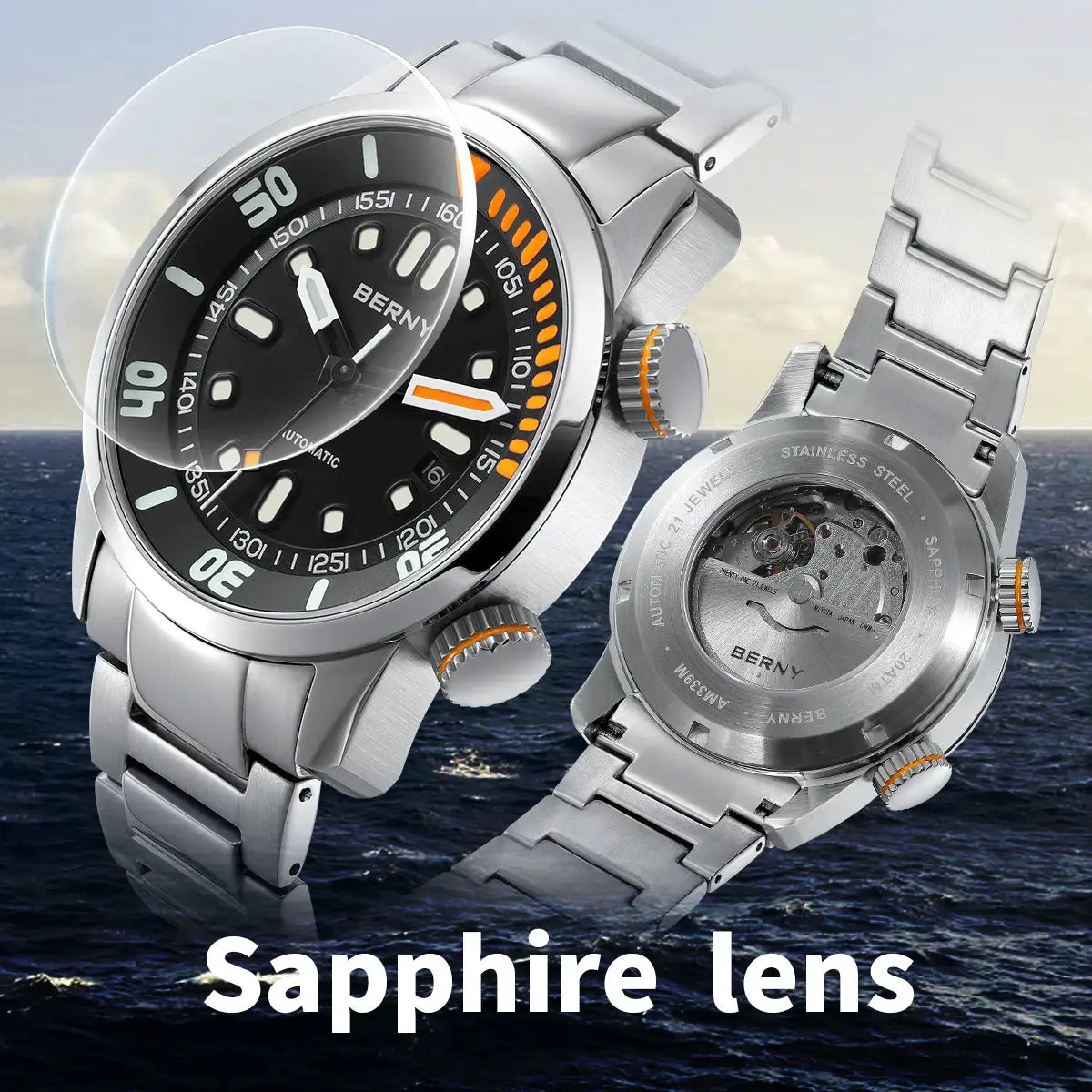 BERNY automatic dive watch for men with sapphire lens and stainless steel band, 20ATM water resistance.