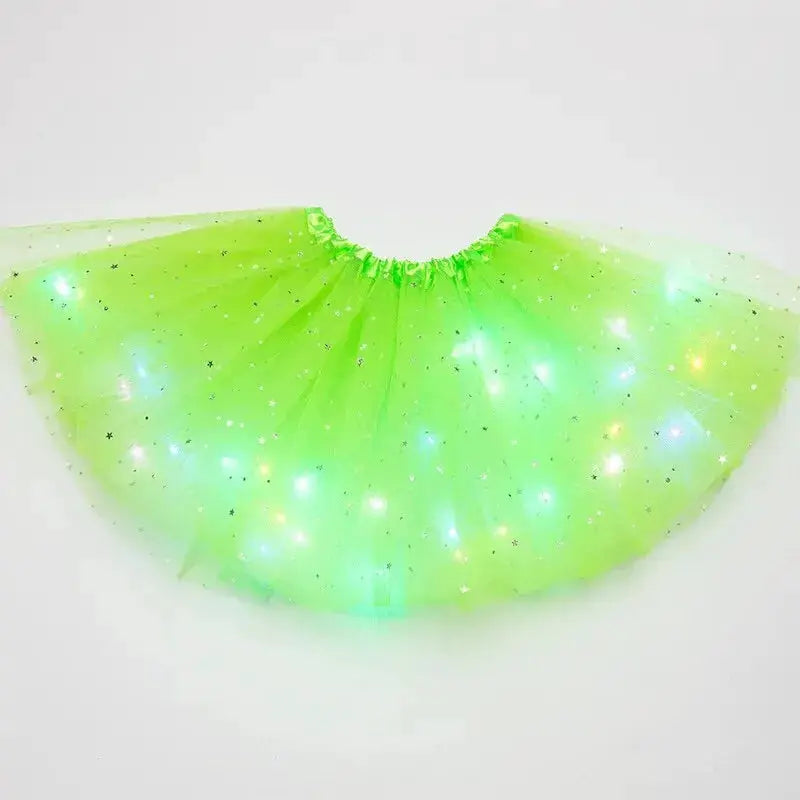LED glowing lime-green women's tulle star tutu skirt with built-in lights for dancewear