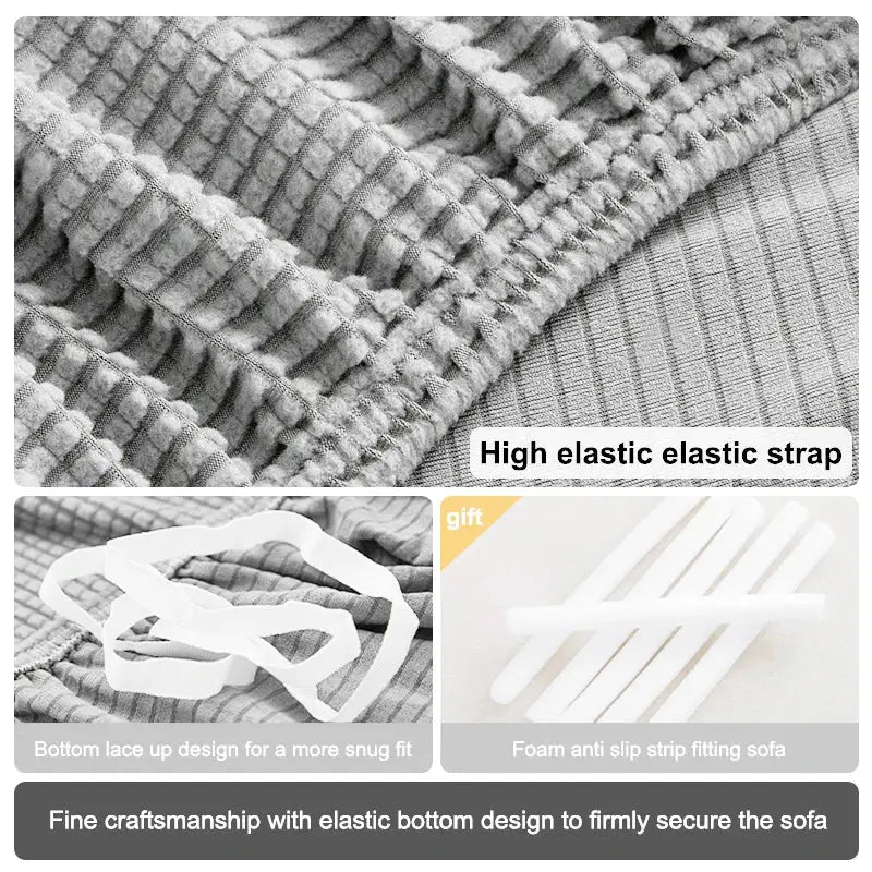 Gray elastic jacquard sofa cover with bottom lace-up design and anti-slip foam strips