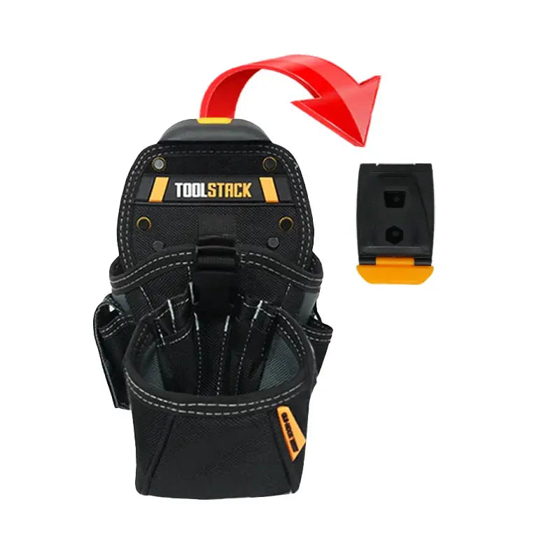 TOOLSTACK waist tool bag; black durable pouch with orange accents and belt clip