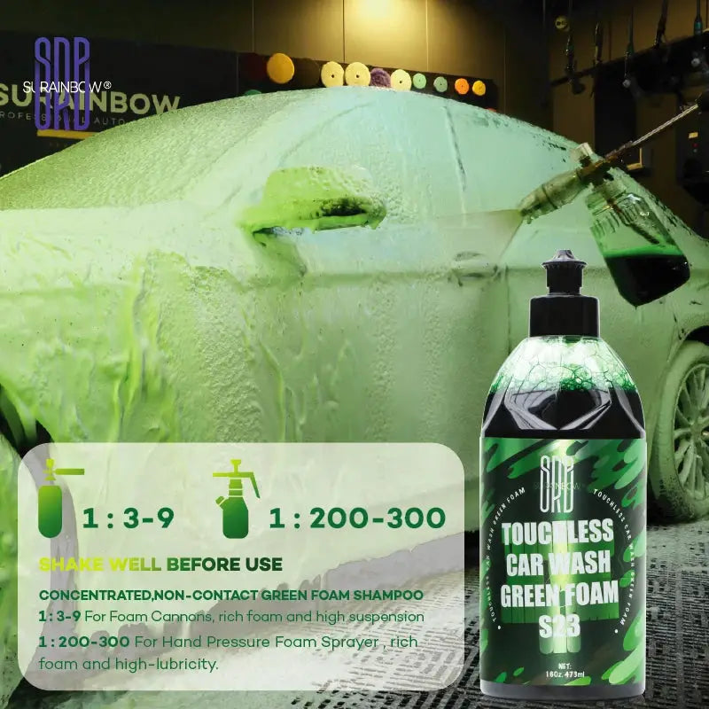 Green Foaming Car Wash Soap bottle by Simples Market with neon green foam on a car