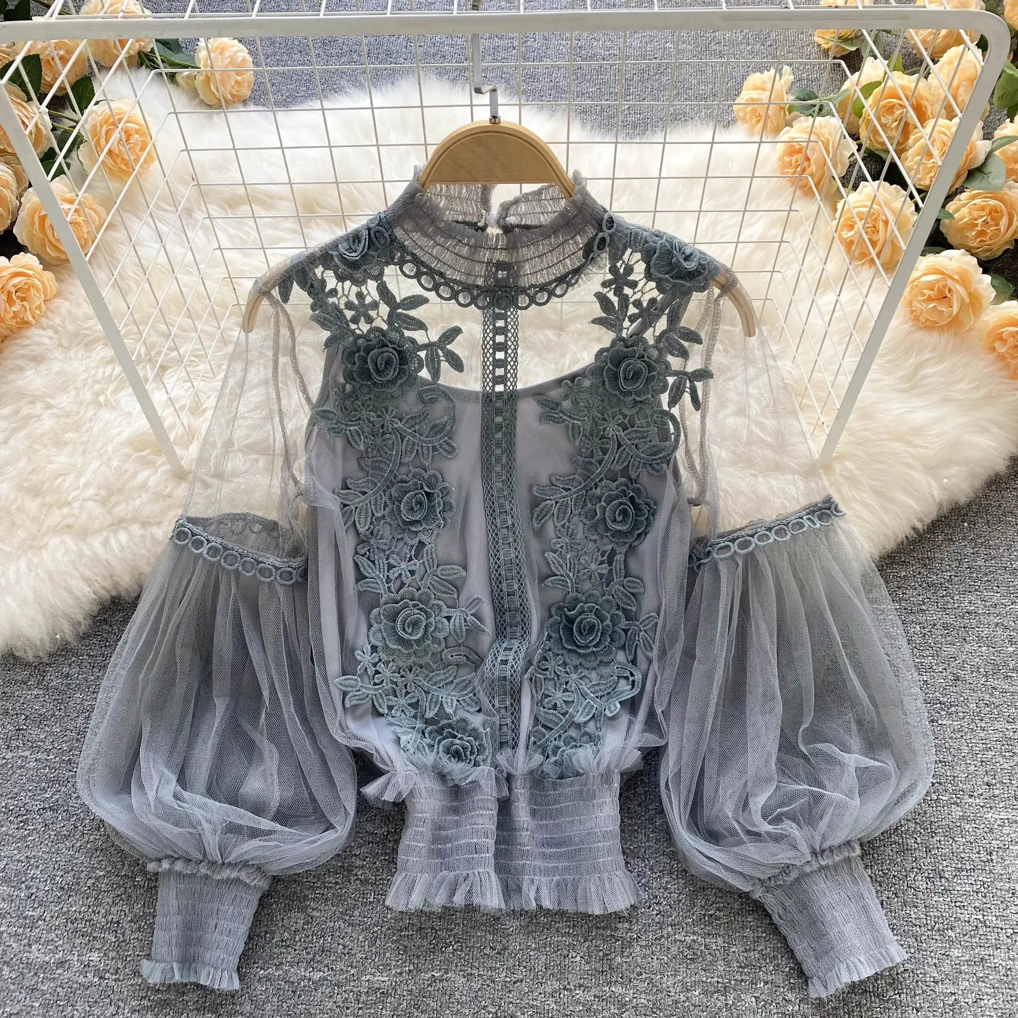 Lace puff long sleeve blouse in gray-blue floral lace with sheer tulle