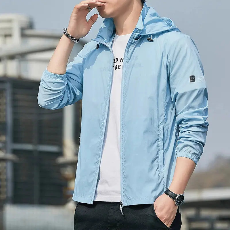 Light blue hooded windbreaker jacket, waterproof quick-dry fabric with sun protection