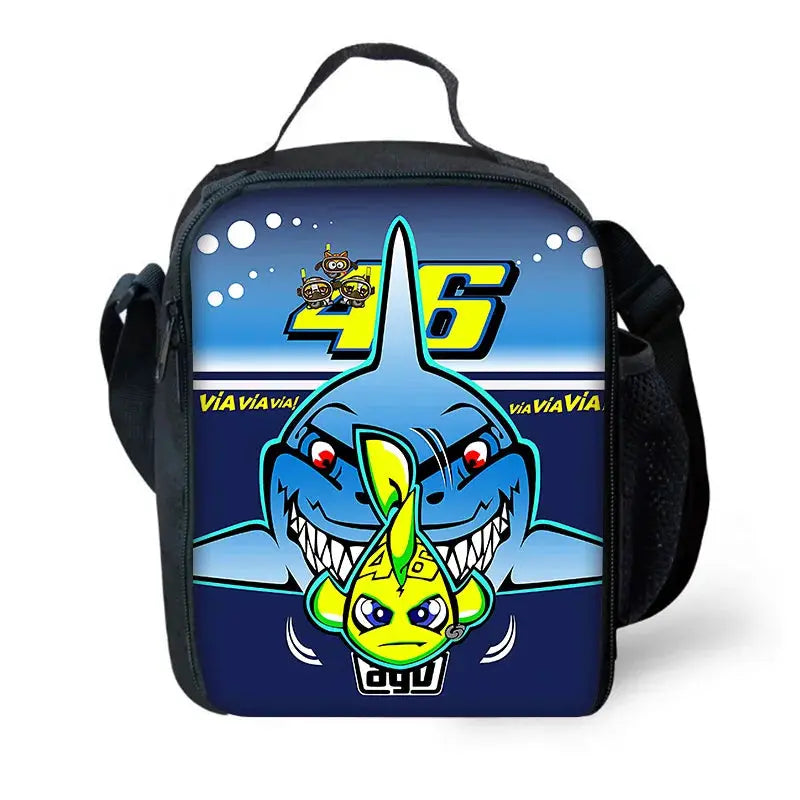 VR-46 kids' school backpack featuring a blue shark graphic on a dark blue background