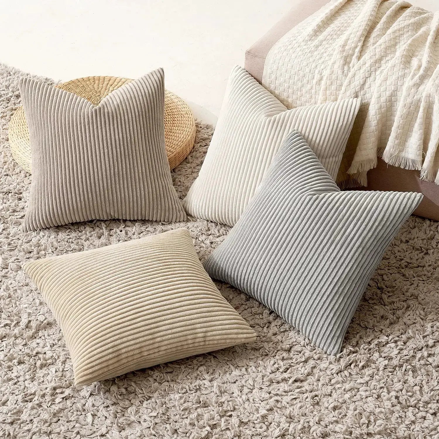 Corduroy striped cushion covers set of 5 in beige and gray tones for living room decor